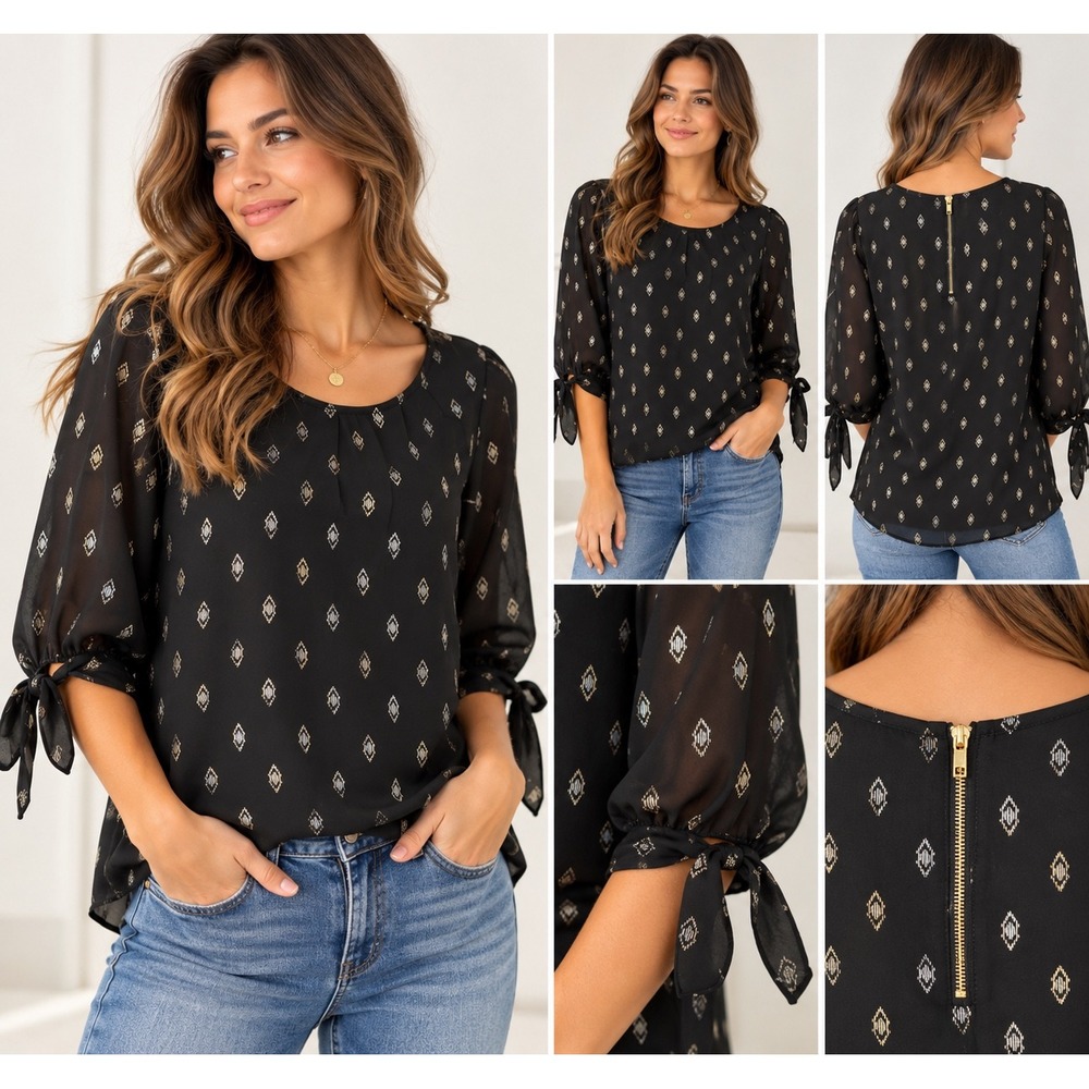 Papermoon Black Gold Metallic Diamond Ikat Blouse Tie Sleeve Zip Back Medium